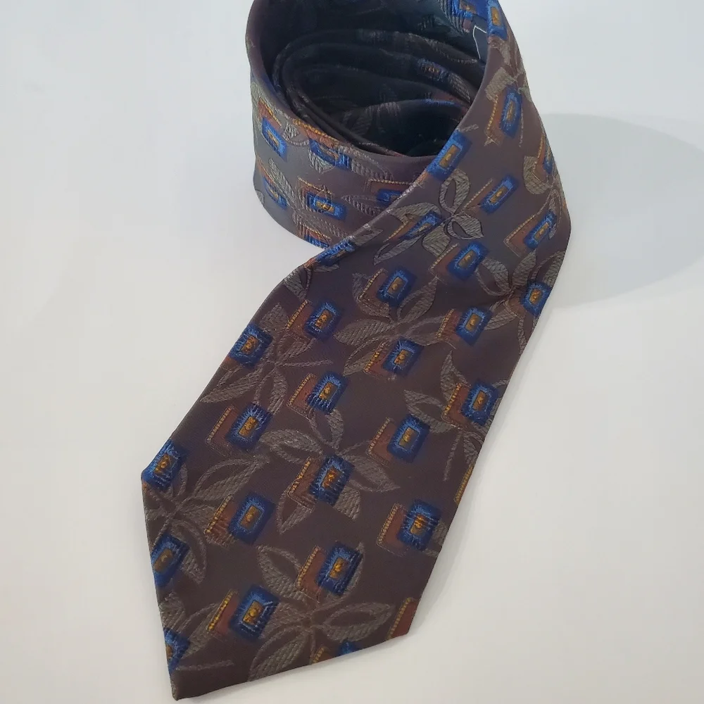 ERMINEGILDO ZEGNA Silk Wool Blend Neck Tie Leaf Geo Tan Gold Blue Green Italy